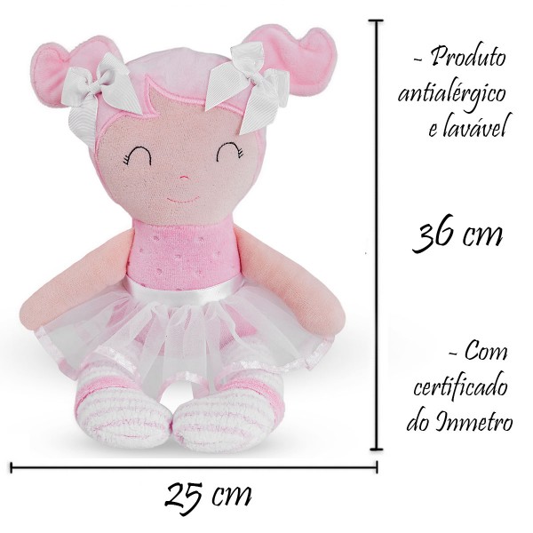 Boneca de Pano Bia Menina Bailarina Rosa em Tecido Antialérgico com Certificado do Inmetro