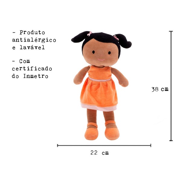 Boneca de Pano Negra Juju Menina em Tecido Antialérgico com Certificado do Inmetro