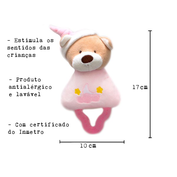 Mordedor para Bebê com Chocalho Urso Rosa