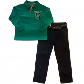 Conj. Infantil Gola Polo Verde Calça de Sarja Ajuste na Cintura Marinho com Cinto Mundi Menino 4-8 Anos