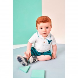Conj. Bebê Camiseta Gola Polo Laranja e Bermuda Listrada Azul Marinho e Branco Menino Brandili