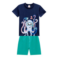 Conj. Bebê Camiseta Manga Curta Azul Marinho Fundo do Mar Polvo Mergulhador Bermuda Moletinho Verde Brandili Menino P M G