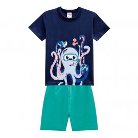 Conj. Bebê Camiseta Manga Curta Azul Marinho Fundo do Mar Polvo Mergulhador Bermuda Moletinho Verde Brandili Menino P M G