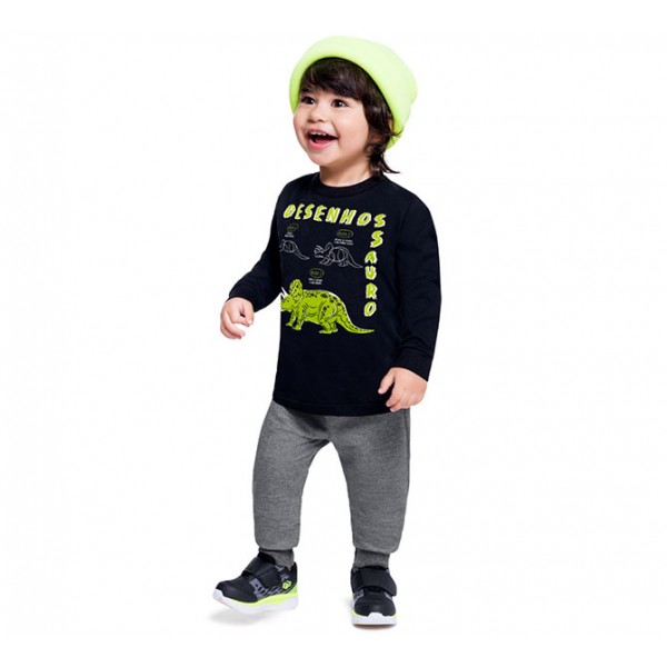 Conj. Infantil Camiseta Manga Longa Preta Dinossauro e Calça Jogger Moletom Brandili Menino 1-3 Anos