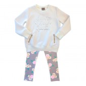 Conj. Infantil Blusão Matelassado Off-White Bordado Lantejoulas e Legging Floral Cinza e Rosa Mundi Menina 4-6 Anos