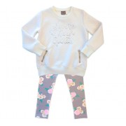 Conj. Infantil Blusão Matelassado Off-White Bordado Lantejoulas e Legging Floral Cinza e Rosa Mundi Menina 4-6 Anos