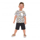 Conj. Infantil Verão Camiseta Listrada Folhas Surfista Bermuda Moletinho Cinza Menino Brandili 1-3 Anos