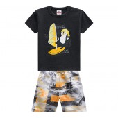 Conj. Infantil Verão Camiseta Cinza Pinguim Surfista Bermuda Microfibra Estampada Praia Menino Brandili 1-3 Anos