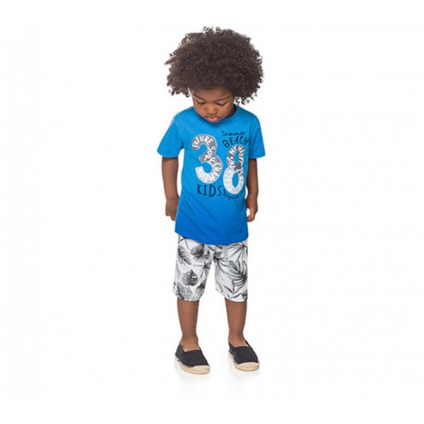 Conj. Infantil Camiseta Manga Curta e Bermuda Surfista Moletinho Estampa Folhas Menino Brandili 1 Ano