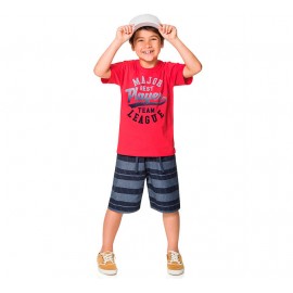 Conj. Infantil Camiseta Manga Curta Vermelha e Bermuda Listrada Menino Brandili 4 Anos