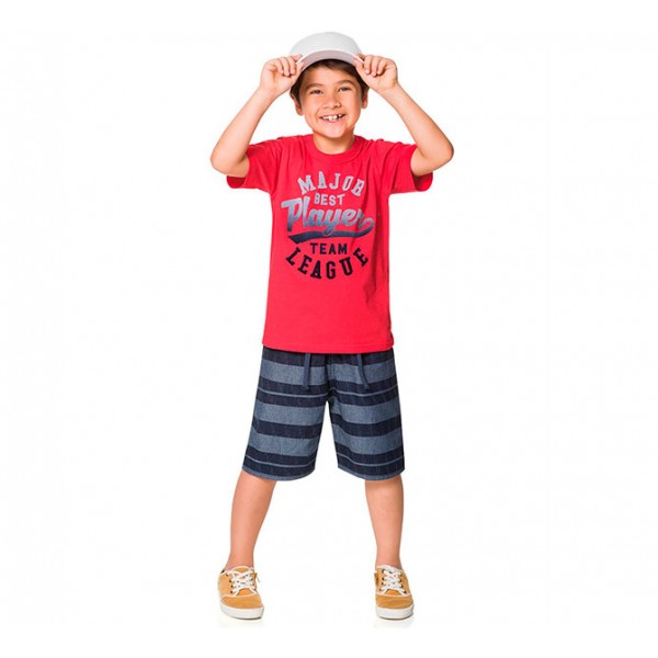 Conj. Infantil Camiseta Manga Curta Vermelha e Bermuda Listrada Menino Brandili 4 Anos