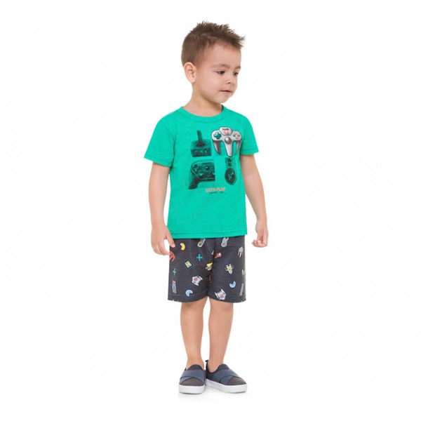 Conj. Infantil Camiseta Manga Curta Verde e Bermuda Microfibra Estampada Cinza Video Games Menino Brandili 1-3/4-8 Anos