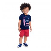 Conj. Infantil Brandili Camiseta Azul Marinho Bicicleta e Bermuda Moletinho Vermelho 1-3 Anos