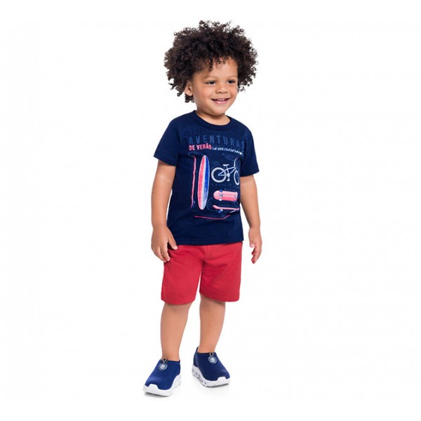 Conj. Infantil Brandili Camiseta Azul Marinho Bicicleta e Bermuda Moletinho Vermelho 1-3 Anos