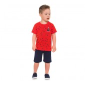 Conj. Infantil Brandili Marinheiro Camiseta Vermelha e Bermuda Moletinho Marinho 1-3 Anos