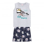 Conj. Infantil Brandili Camiseta Regata Cinza Dinossauro e Bermuda de Microfibra Estampada 1-3 Anos