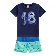 Conj. Infantil Camiseta Manga Curta Azul Marinho e Bermuda Surfista Microfibra Praia Menino Brandili 1 e 2 Anos