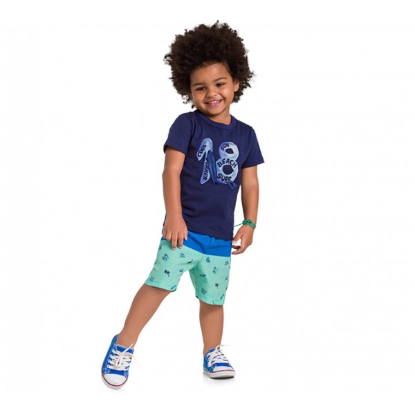 Conj. Infantil Camiseta Manga Curta Azul Marinho e Bermuda Surfista Microfibra Praia Menino Brandili 1 e 2 Anos