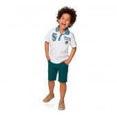 Conj. Infantil Gola Polo Branca e Bermuda de Sarja Azul Petróleo Menino Brandili 4-8 Anos