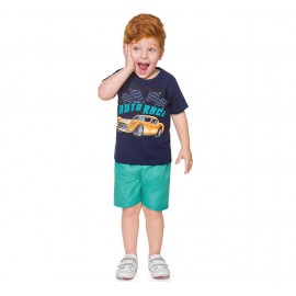 Conj. Infantil Camiseta Manga Curta Azul Marinho Carro e Bermuda Microfibra Verde Menino Brandili 2 Anos