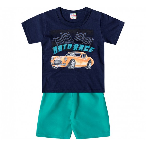 Conj. Infantil Camiseta Manga Curta Azul Marinho Carro e Bermuda Microfibra Verde Menino Brandili 2 Anos