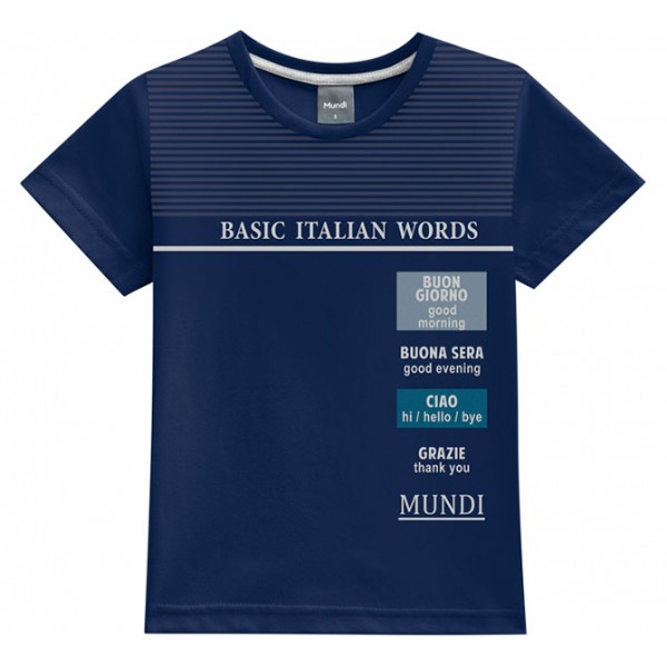 Conj. Infantil Camiseta Manga Curta Azul Marinho Italian Words e Bermuda Moletinho Cinza Menino Mundi 1 e 2 Anos