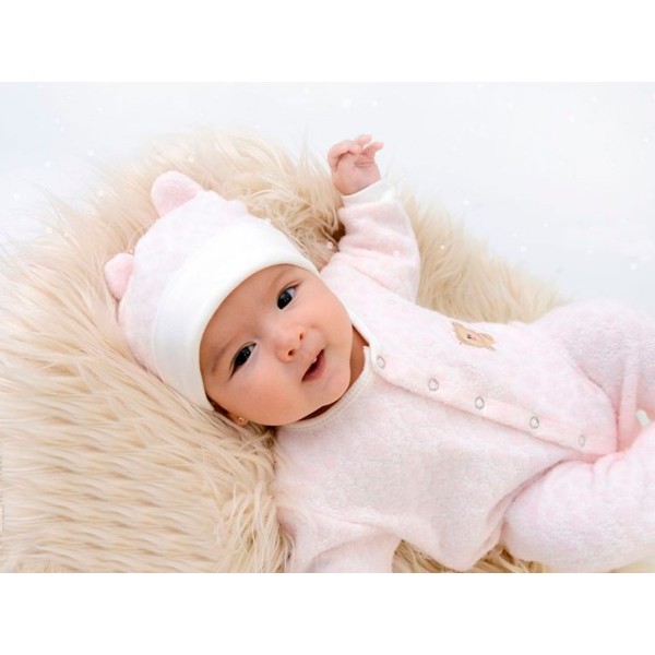 Macacão de Bebê Menina Inverno Soft Fleece Rosa com Touca de Orelhinha Zip Toys