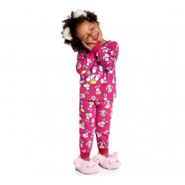 Pijama Infantil que Brilha no Escuro Malha Manga Longa Coelhos Rosa Menina Brandili 1-3 Anos
