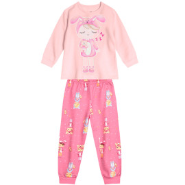 Pijama Infantil que Brilha no Escuro Inverno Moletom Flanelado Rosa Menina Boneca Coelho Brandili