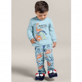 Pijama Infantil que Brilha no Escuro Inverno Moletom Flanelado Menino Brandili Dinossauros Azul