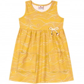 Vestido Infantil Cavado com Bolsos Brandili Praia Fundo do Mar Amarelo