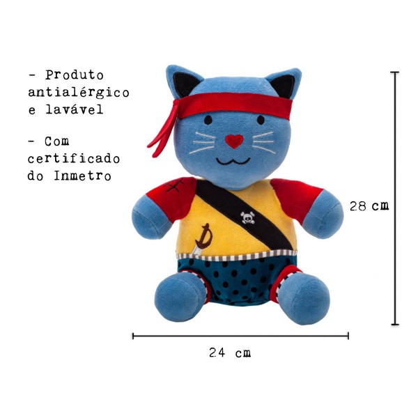 Bichinho Pelúcia Gato Pirata Capitão Mimo Plush Antialérgico Brinquedo para Bebê Zip Toys com Certificado do Inmetro
